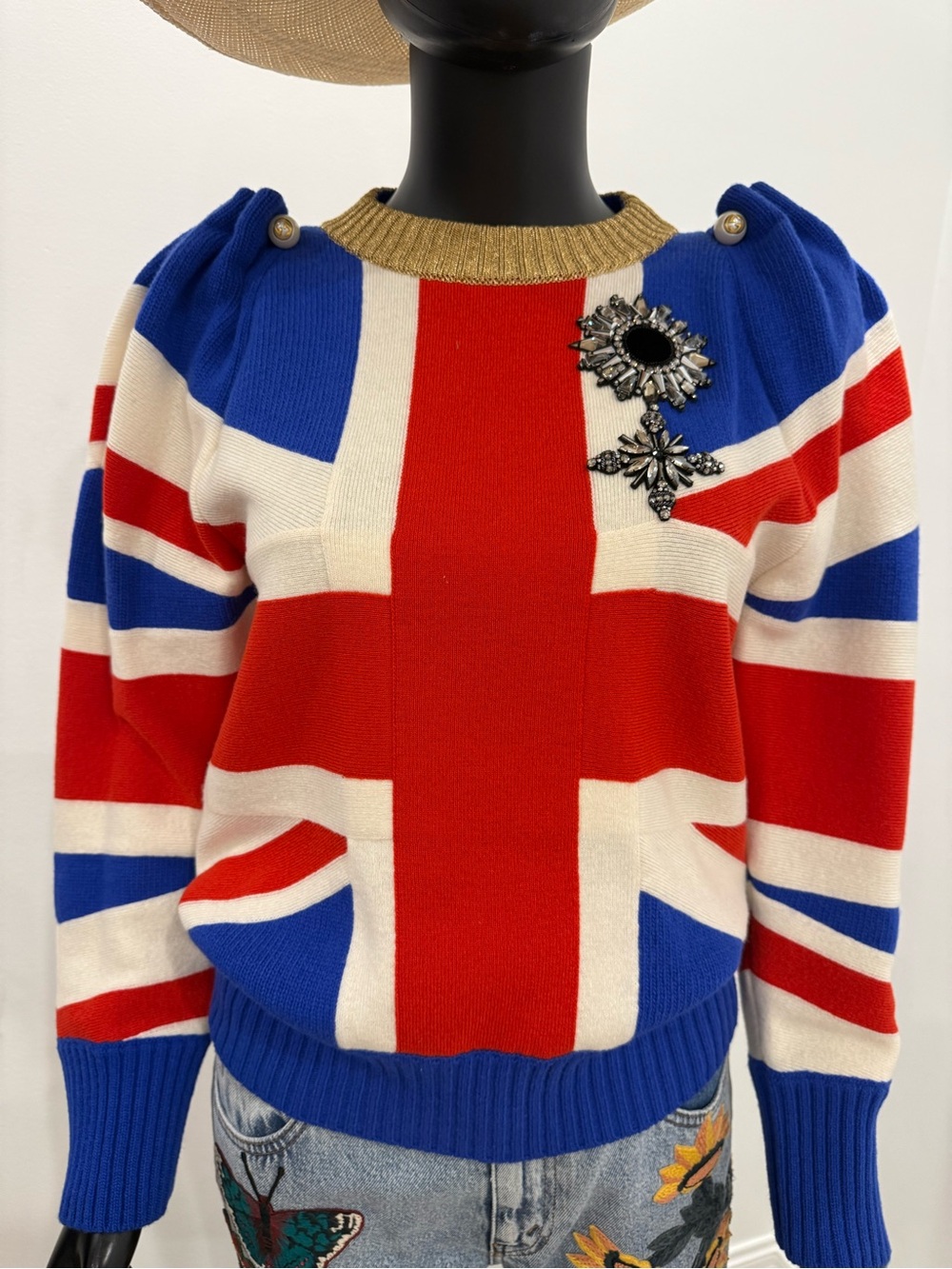 Gucci Red Blue White Union Jack Knit Sweater with Gold Trim and Broocht NEW